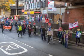Cop 27 protestors march towards Commercial Road. Picture: Mike Cooter (121122)
