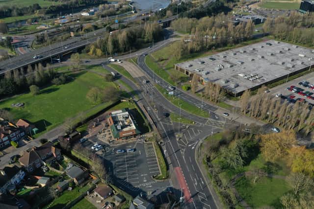 An aerial view of Portsmouth Road and the A397 in Cosham, and the M27 and A27 above, from Cosham the morning after prime minister Boris Johnson announced a national lockdown to stop the spread of coronavirus. Picture: Mark Cox