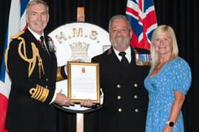 Ian Elsdon receiving his Certificate from Chief of the Defence Staff Admiral Sir Tony Radakin KCB, ADC. Also picture is Ian's fiancee Elaine Adland