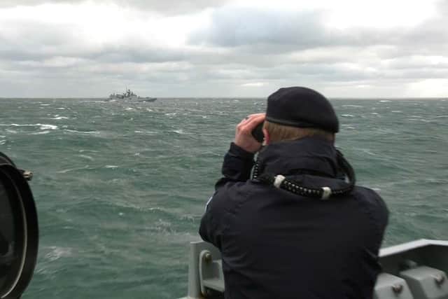 HMS Richmond's Commanding Officer Commander Chris L’Amie monitoring progress of Admiral Grigorovich. Picture: Royal Navy.