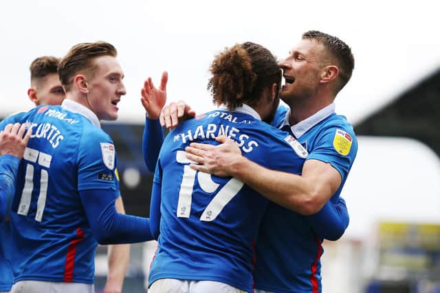 Pompey celebrate Marcus Harness' goal today