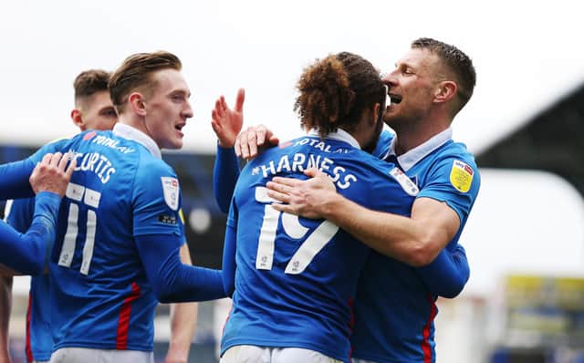 Pompey celebrate Marcus Harness' goal today