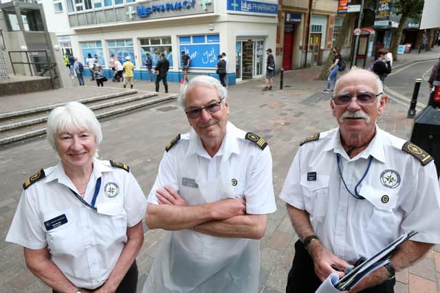Volunteers from the National Coastwatch Institution, from left, Gail Rendle, Dr Chris Aps and Capt David Burden. Covid-19 Vaccination Centre at Lalys Pharmacy, Guildhall Walk, Portsmouth
Picture: Chris Moorhouse (jpns 100621-12)
