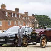101-year-old Harold Baggott stands alongside the new Mustang Mach-E, Ford's first all-electric SUV and a Model T from 1915 at the Beaulieu Motor Museum, before taking the Mach-E for a test drive Picture: Matt Alexander/PA Wire
