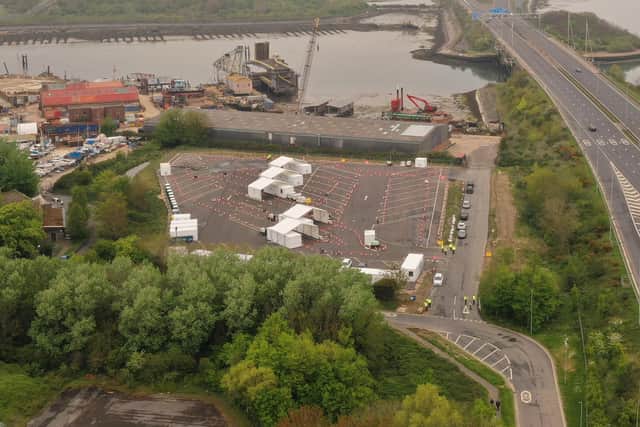 Aerial photos appear to show Portsmouth's new coronavirus testing centre being constructed. Picture: Solent Sky Services