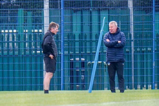 Kenny Jackett and Joe Gallen have been present at Pompey's ground on occasions, overseeing social-distanced training. Picture: Habibur Rahman
