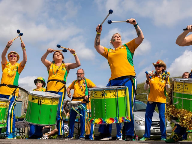 Members of the Big Noise Community Samba Band greeted visitors as the festival opened. Picture: Mike Cooter (210522)