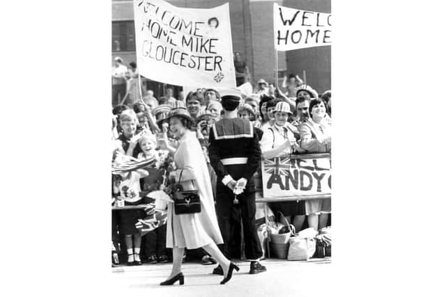 The Queen at Portsmouth naval base to meet HMS Invincible on her return from the Falklands war, September 1982. Picture: The News PP4048