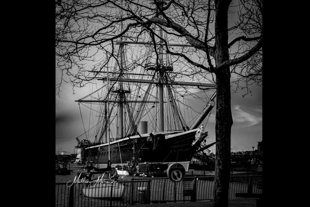Great view from the bench at The Hard. HMS Warrior