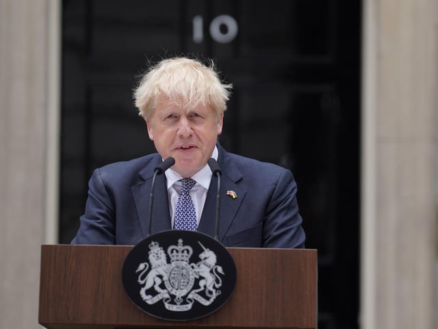 Prime Minister Boris Johnson reads a statement outside 10 Downing Street, London, formally resigning as Conservative Party leader after ministers and MPs made clear his position was untenable. He will remain as Prime Minister until a successor is in place.