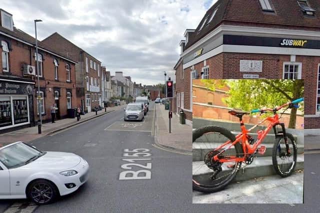 The 2018 red Mondraker mountain bike with blue handlebars and the corner of Albert Road and Waverley Road, Southsea. Pictures: Hampshire Police / Google Maps