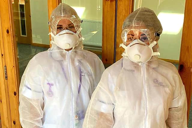 Care manager Amy Hall and client assessor Danielle Hellon from Verina Daly Care in their personal protective equipment used for visiting clients during the coronavirus outbreak. Picture: VDC