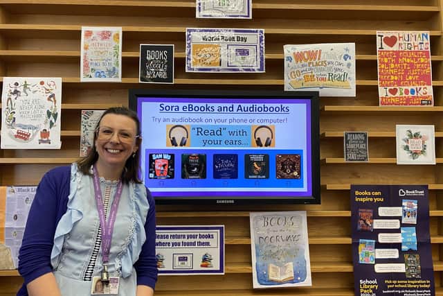 Joanna Parsons, school librarian at Havant Academy, with the Sora display.