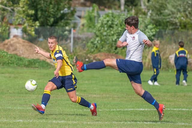Rhys Lloyd gets in a cross for Moneyfields during the 1-0 home win over Folland at Dover Road. Picture: