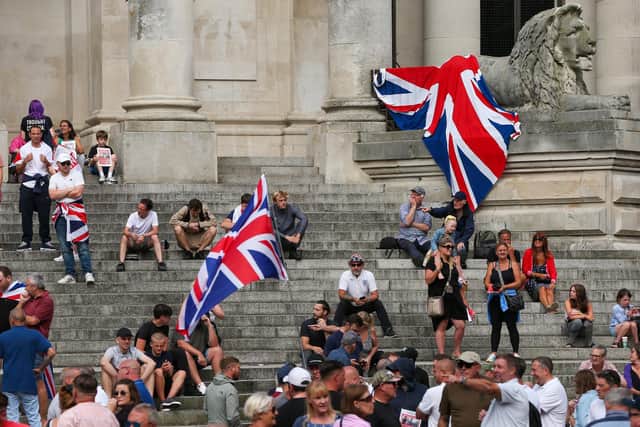 Protestors at Guildhall Square, Portsmouth. Picture: Chris Moorhouse (030824-32)