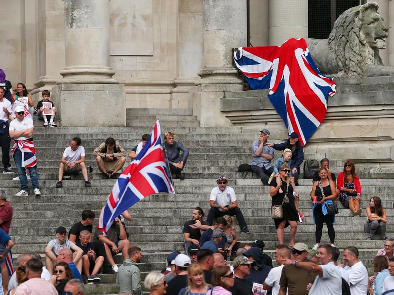 Protestors at Guildhall Square, Portsmouth. Picture: Chris  Moorhouse (030824-32)