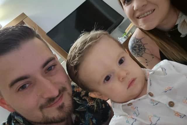 Rachel and Jack got together after going to the 2019 Checkatrade Trophy final together at Wembley. Picture is Jack, 20-month-old Zachary, and Rachel.