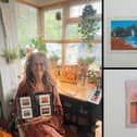 Caroline West with some of her artwork, which consists of painting famous UK landmarks on used teabags.
