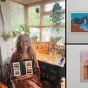 Caroline West with some of her artwork, which consists of painting famous UK landmarks on used teabags.