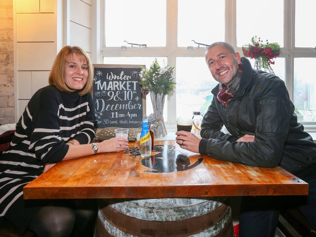 Kate and Terry Stares celebrate Terry's 50th birthday. Powder Monkey Brewery Christmas Market, Priddy's Hard, Gosport
Picture: Chris Moorhouse
