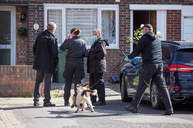Police and a sniffer dog have been seen in a street near to where an infant girl was found dead.

Pictured: Uniformed and plainclothes officers in All Saints Road, Buckland on Tuesday 12 May 2020.

Picture: Habibur Rahman