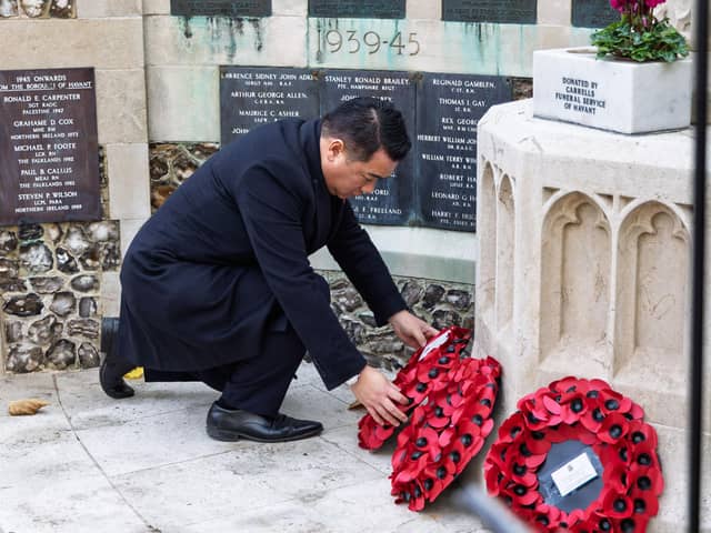 Alan Mak MP lays a wreath at Havant War Memorial during a Public Act of Remembrance