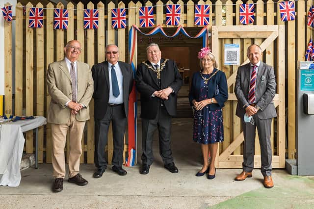 Andy Pottinger, chairman of Portsea Men's Shed with Jim Steel, Lord Mayor Frank Jonas, Lady Mayoress Patricia Jonas and Colin Wilding from Landsec. Picture: Mike Cooter (250621)