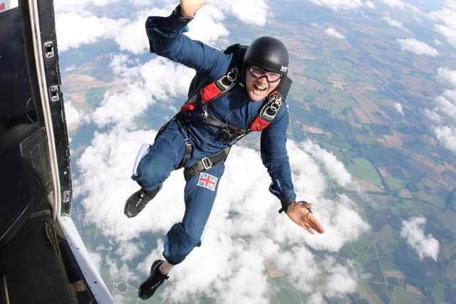 John Bream on a skydive with Bear Grylls safety academy 