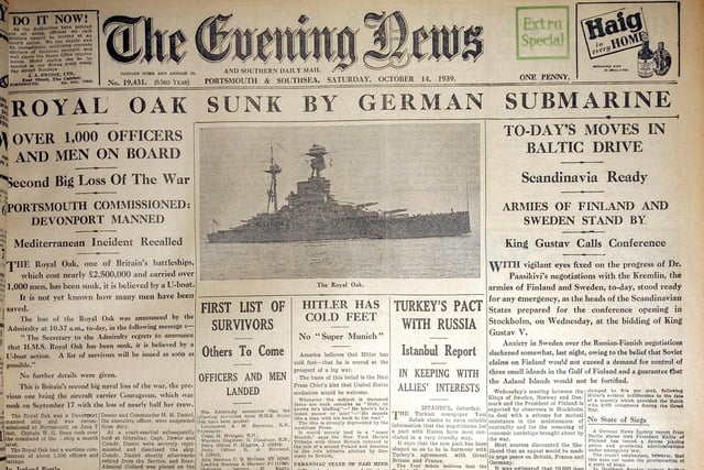The front page of the Evening News follow the sinking of HMS Royal Oak.
Picture: 101848-39 The News Portsmouth