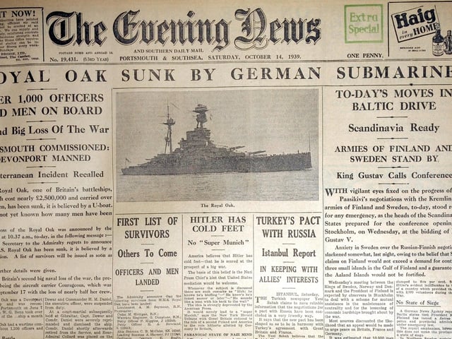 The front page of the Evening News follow the sinking of HMS Royal Oak.
Picture: 101848-39 The News Portsmouth