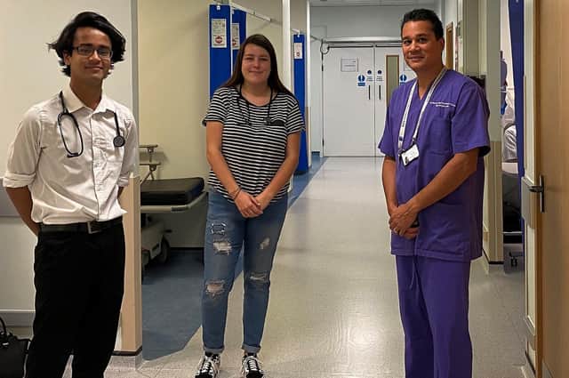 Manish Patel (right) with two of the students who start medical school this month