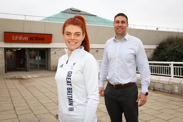 Lauren Steadman and head of leisure at BH Live Rob Cunningham. Preview of new BH Live gym at the Pyramids, Clarence Esplanade, Southsea, with Paralympian gold medallist Lauren Steadman
Picture: Chris Moorhouse (jpns 201221-15)