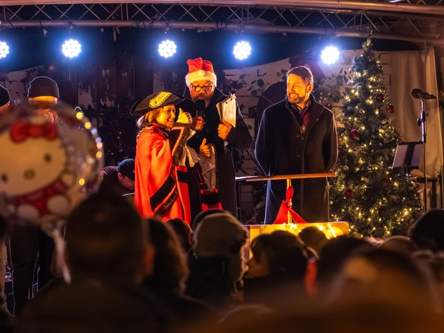 Gosport Christmas lights switch on Gosport High Street. Pictured is Mayor Kristen Bradley, Mark Collins and Jon Bradley.