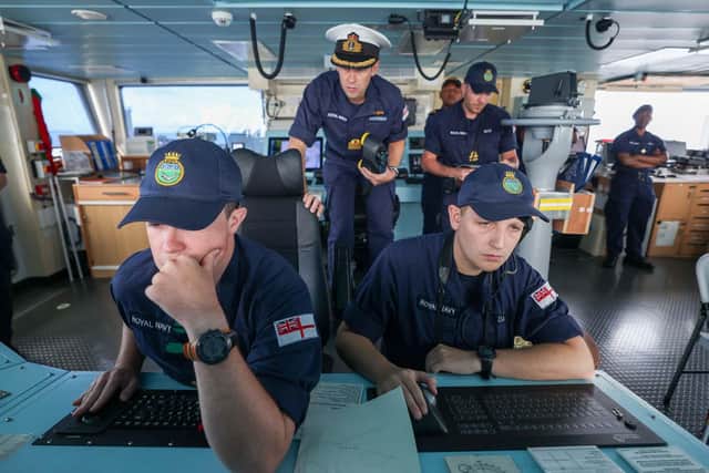 HMS Spey's bridge team at work as the ship approaches Vanuatu, becoming the first Royal Navy ship to visit the island chain in 46 years.
