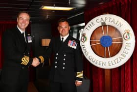 Pictured: L-R Captain Feasey RN handing over Command to Captain King OBE RN. A ceremony was held at Portsmouth Naval Base yesterday (July 5). Picture: LPhot Chris Sellars.