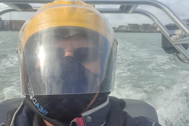 A selfie taken by Michael Lawrence at the start of the fatal ride, showing him wearing a Seadogz face mask, helmet and visor. Picture: Hampshire Police/PA