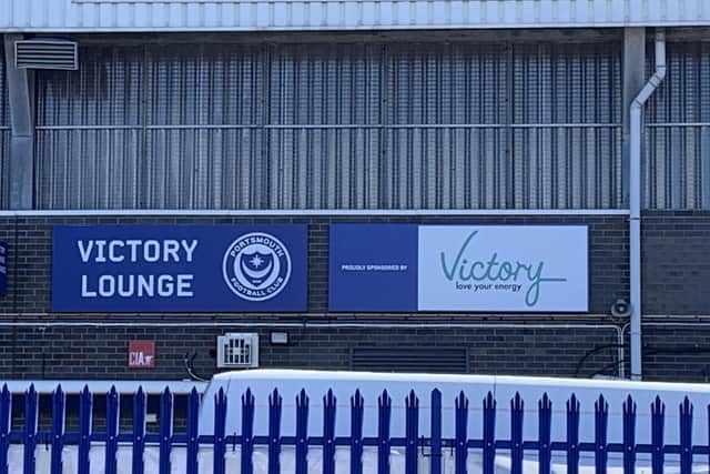 Defunct council-owned company Victory Energy sponsored Portsmouth Football Club in March 2018 in a three-year deal. A sign shown the now-closed public firm at Victory Lounge, Fratton Park, in Portsmouth.
