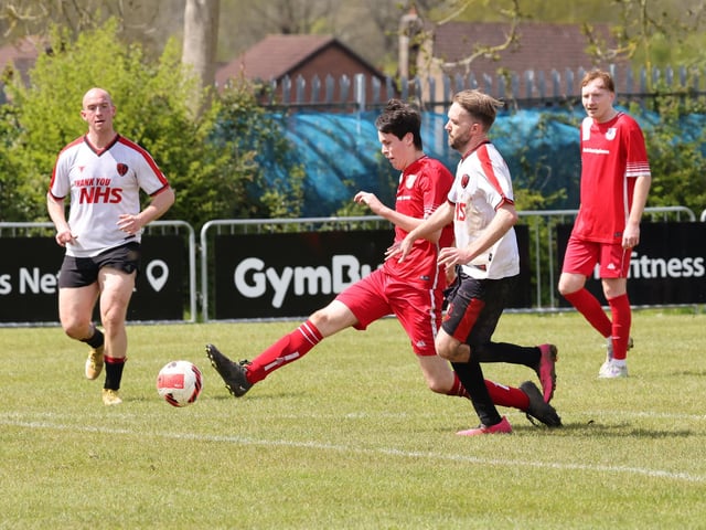 AFC Stubbington score one of their six goals in the Oscar Owers Cup final against Rowner Rovers. Picture: Kevin Shipp