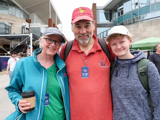 Keen sailors, Felicity Miller, Alastair Bennett and Charlotte Miller enjoying The Ocean Race's Fan Day at Gunwharf. Picture: Chris Moorhouse (160825-18)