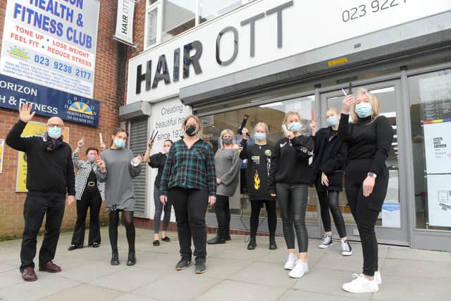 Hair OTT in Cosham, is finally re-opening on April 12 following a confirmation by the prime minister on Monday, April 5. To prepare, the team have been training their squad of young apprentices, who have been able to return since March 8
Pictured is: (left) Otto Ott, owner, (fifth from left) Laura Ott, salon director, (fifth from right) Michelle Louth, educator, with apprentices.
Picture: Sarah Standing (050421-6165).