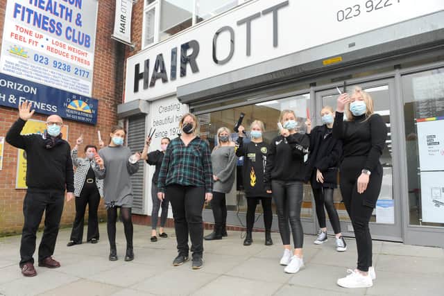 Hair OTT in Cosham, is finally re-opening on April 12 following a confirmation by the prime minister on Monday, April 5. To prepare, the team have been training their squad of young apprentices, who have been able to return since March 8

Pictured is: (left) Otto Ott, owner, (fifth from left) Laura Ott, salon director, (fifth from right) Michelle Louth, educator, with apprentices.

Picture: Sarah Standing (050421-6165).