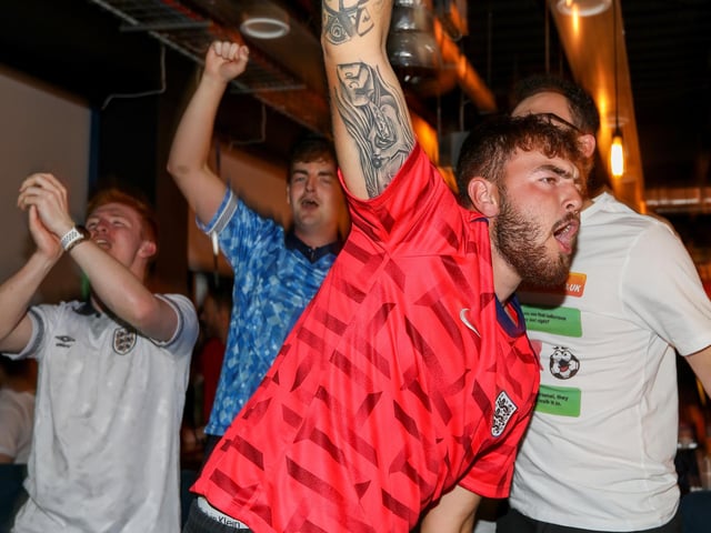 Celebrations at full-time. Fans watch Netherlands v England, UEFA Euros 2024 semi-final played in Dortmund, at Village Hotel, Lakeshore Drive, CoshamPicture: Chris  Moorhouse (100724-108)