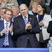 Michael Eisner, right, with son Eric at Fratton Park for Pompey's game against Shrewsbury last October.