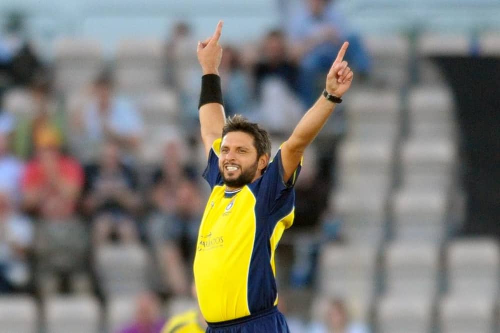 Shahid Afridi celebrates the dismissal of Lou Vincent - one of his three wickets in the T20 win against Sussex in June 2011. Pic: Michael Jones