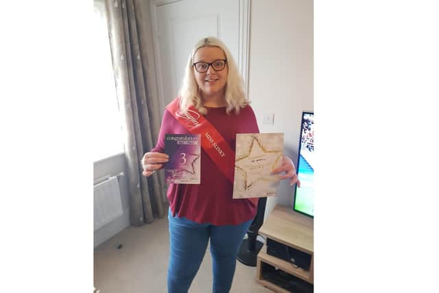 Kat Atrill from Waterlooville has lost 5 stone with Slimming World by 'doing it for herself'. Pictured: Kat celebrating reaching the 3 stone milestone and being nominated for Miss Slinky
