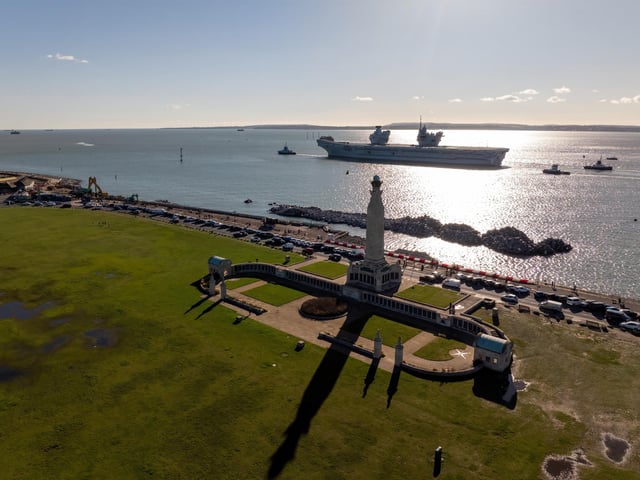 HMS Prince of Wales sailing out of Portsmouth as she heads for a huge Nato deployment in the North Sea. Picture: Michael Woods - Solent Sky Services.