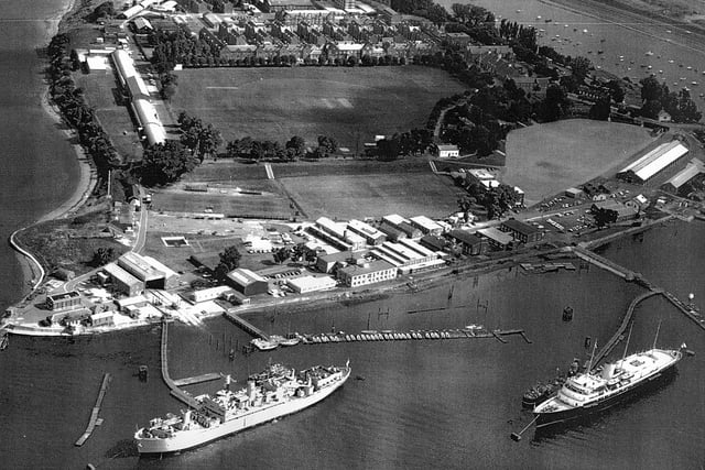 Sent in by Brian Small of Bedhampton we see HMS Excellent, Whale Island in the 1970's. Bottom right at her mooring is the Royal Yacht Britannia where she was always located when not in use.The grey ship to the left is HMS Rame Head. She was a training ship later followed by HMS BristolJust above the playing field are the barrack blocks.