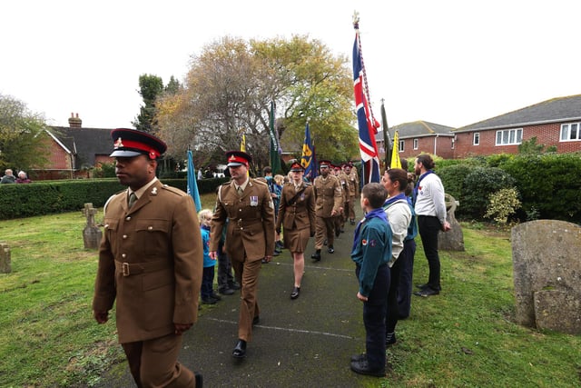 Members of the Thorney-Island based 16 Regiment Royal Artillery march into the church service