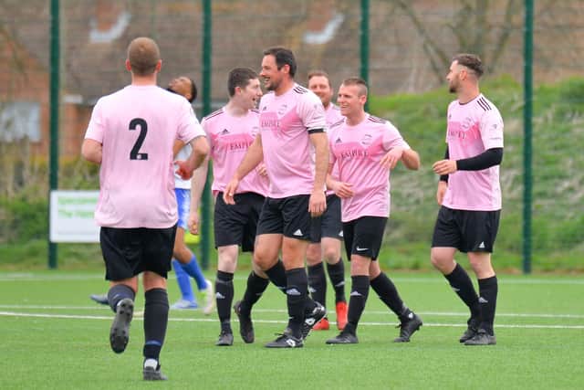 Harvest celebrate scoring in their opening Hampshire Premier League Cup group tie with Clanfield, but it's been tough going for them ever since. Pic: Martyn White.