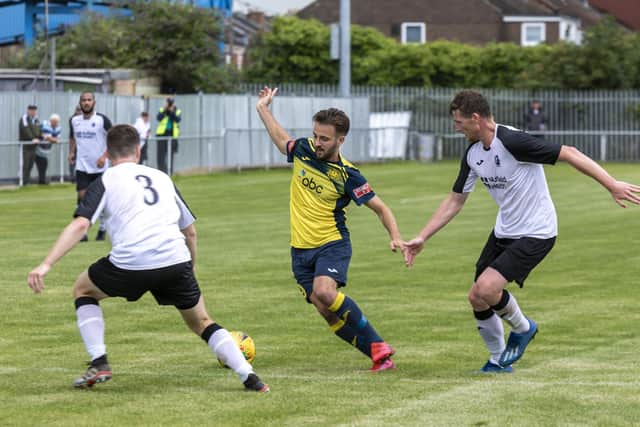 Dec Seiden netted twice as Moneyfields drew 5-5 at Shaftesbury in the Wessex League Cup. Picture: Mike Cooter